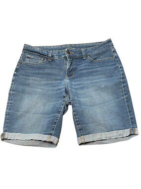 Time And Tru Womens Denim Bermuda Shorts Size 14 Mid-Rise Stretch Blue Jean Cuff